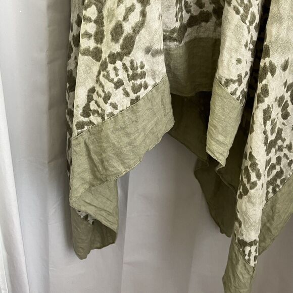 Italy Women’s Poncho Cover Up Caftan 100% Linen Green Geometric Tie Dye Beachy - Picture 5 of 7